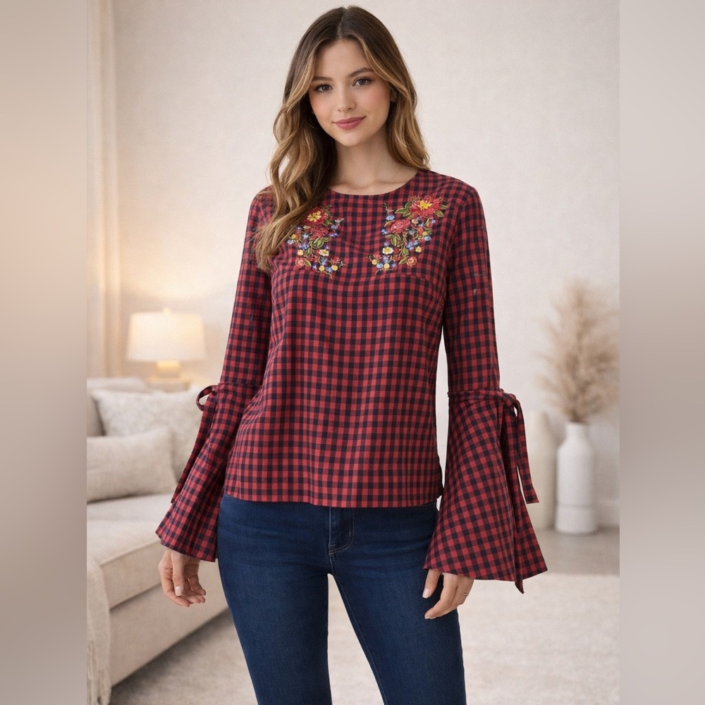 INA Women Embroidered Floral Gingham Bell Sleeve Crop Top Red Navy Cotton M